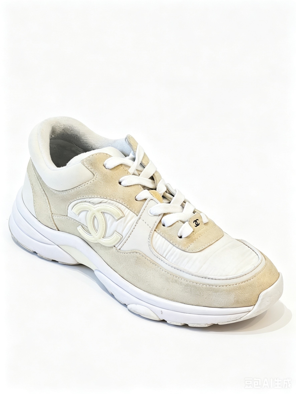 Chanel Beige & White Suede-Trim Sneaker
